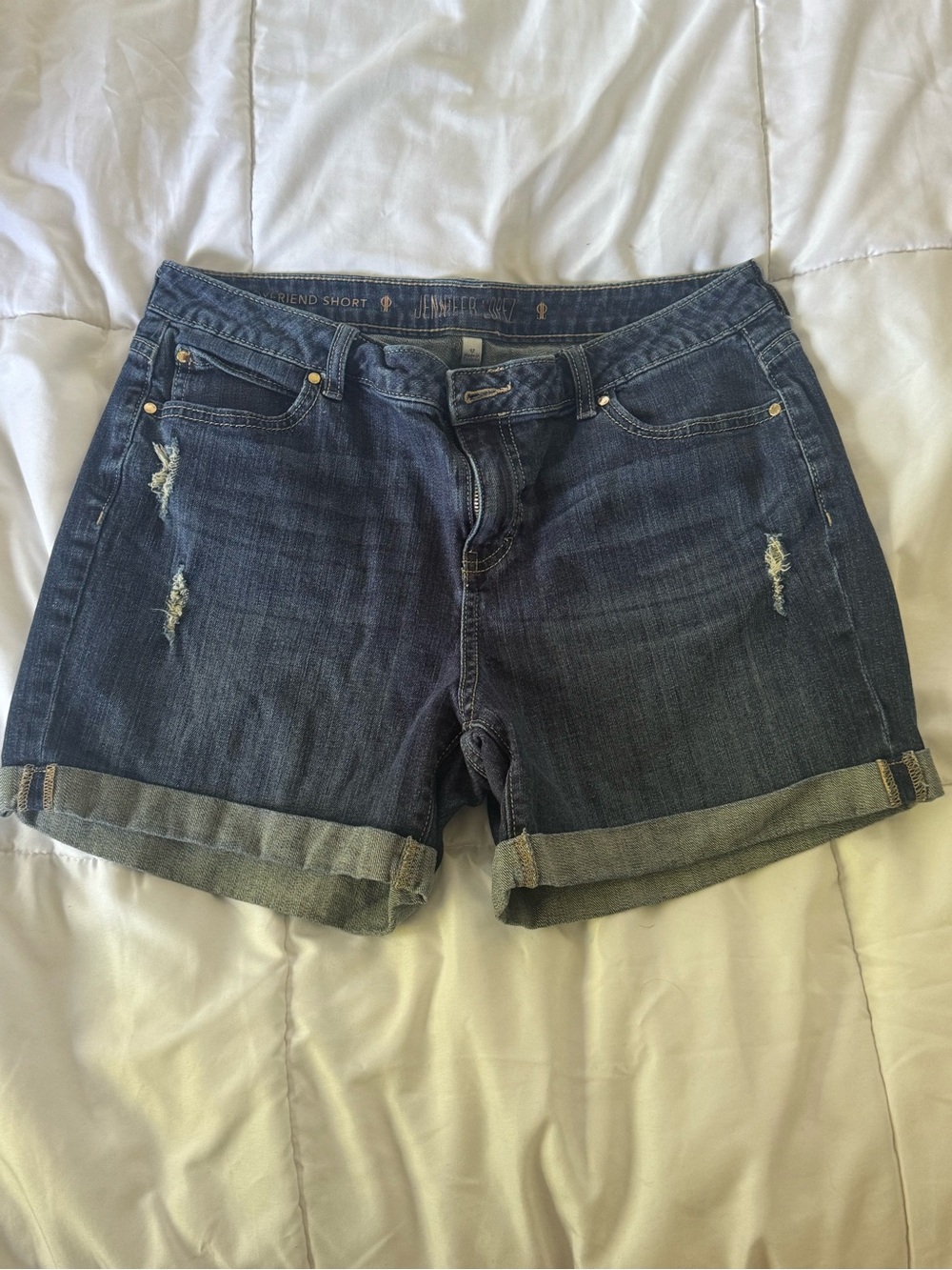 Jennifer Lopez Dark Blue Boyfriend Rolled-Cuff Distressed Denim Shorts sz 12